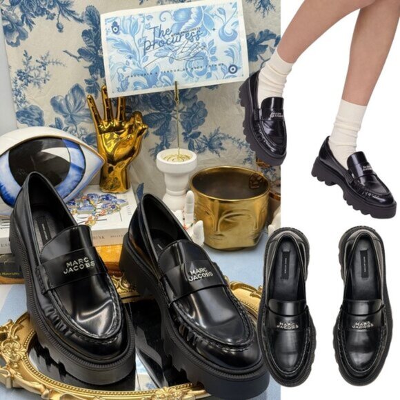 🆕 MARC JACOBS 🧿 NWOB The Frankie Logo-Plaque Platform Loafer, Black Sz 37 US7 - Picture 1 of 14